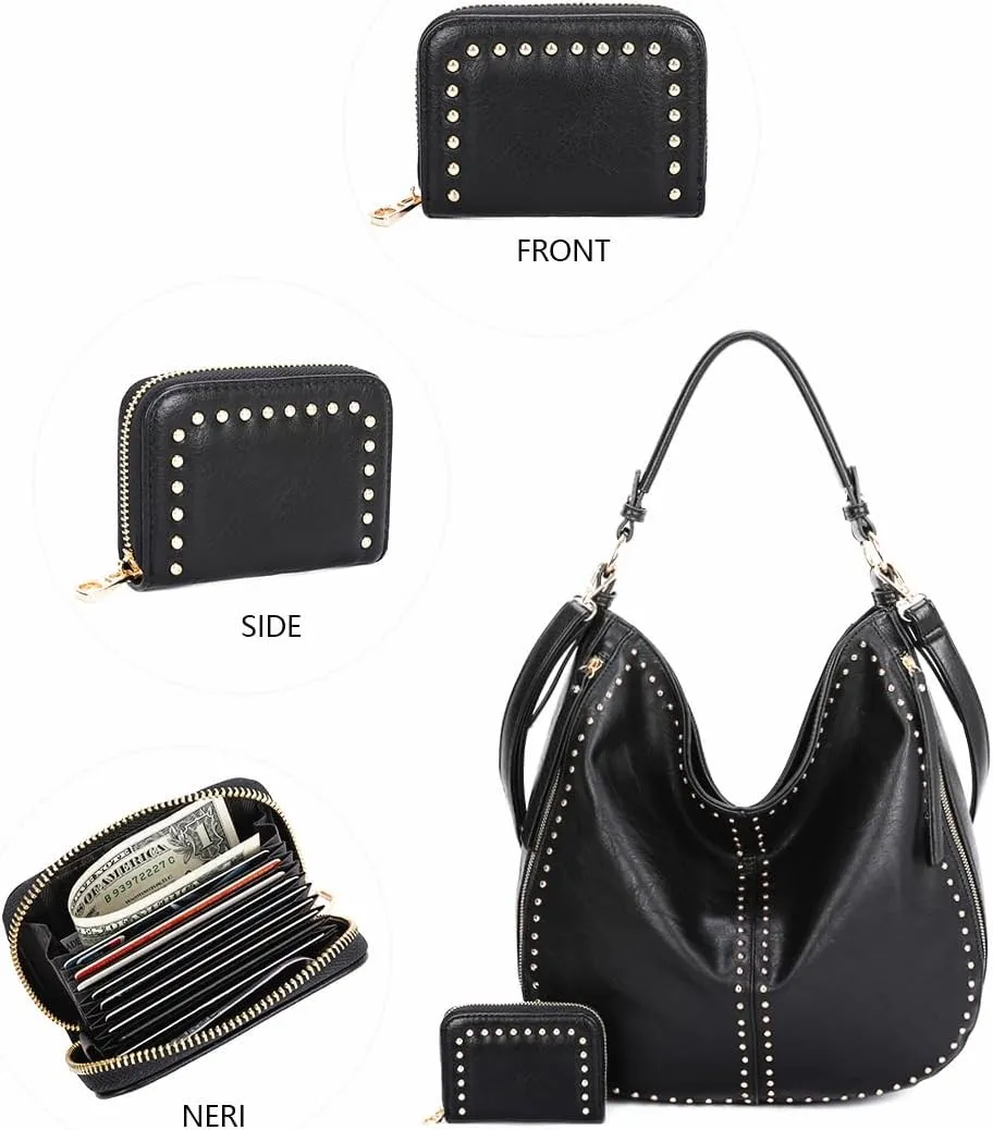 Gold Hardware Fashion HandBag Women Shoulder Bag Hobo Bags Detachable Crossbody Strap Purse Wallet Set Studs Leather Tote Bag