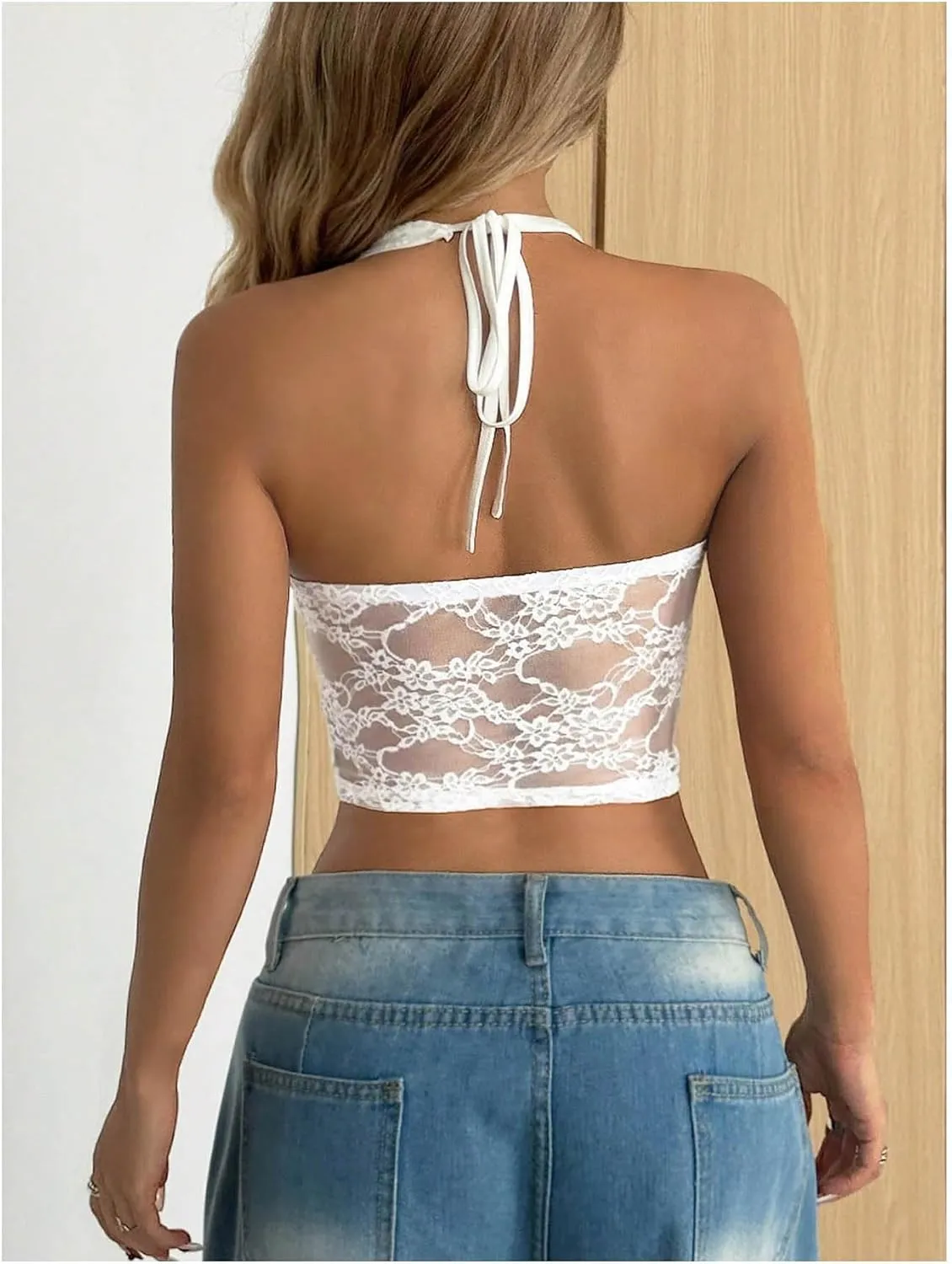 GORGLITTER Women's Lace Floral Camisole Tops Sleeveless Halter Backless Going Out Top