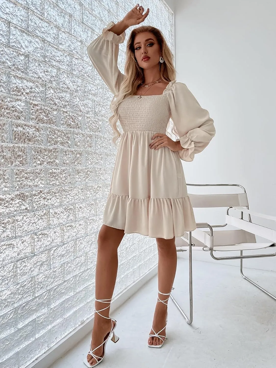 GORGLITTER Women's Long Sleeve Ruffle Mini Dress Square Neck Flowy A Line Smocked Dresses Khaki Large
