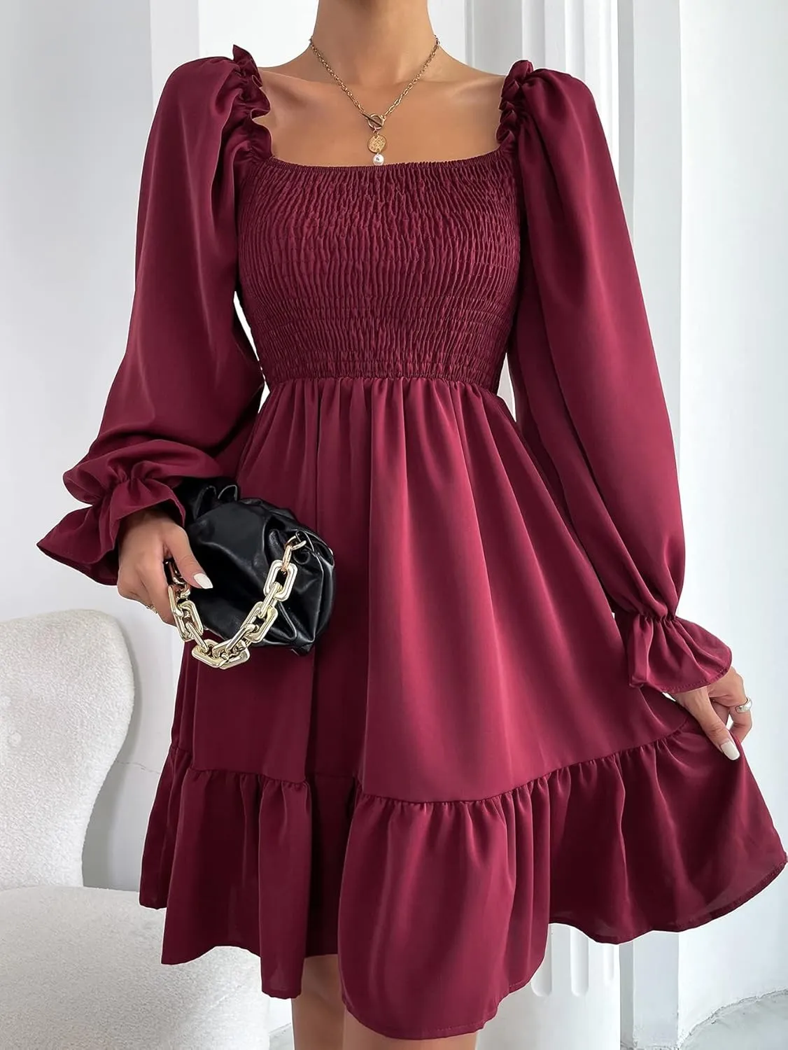 GORGLITTER Women's Long Sleeve Ruffle Mini Dress Square Neck Flowy A Line Smocked Dresses Khaki Large