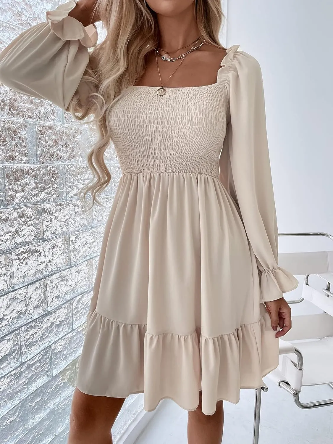 GORGLITTER Women's Long Sleeve Ruffle Mini Dress Square Neck Flowy A Line Smocked Dresses Khaki Large
