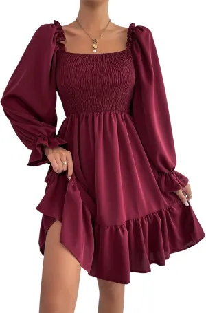 GORGLITTER Women's Long Sleeve Ruffle Mini Dress Square Neck Flowy A Line Smocked Dresses Khaki Large