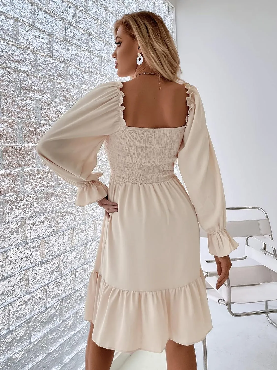 GORGLITTER Women's Long Sleeve Ruffle Mini Dress Square Neck Flowy A Line Smocked Dresses Khaki Large