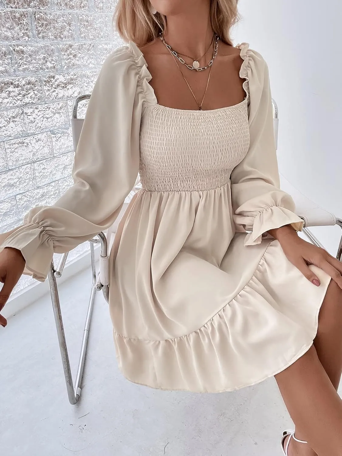 GORGLITTER Women's Long Sleeve Ruffle Mini Dress Square Neck Flowy A Line Smocked Dresses Khaki Large