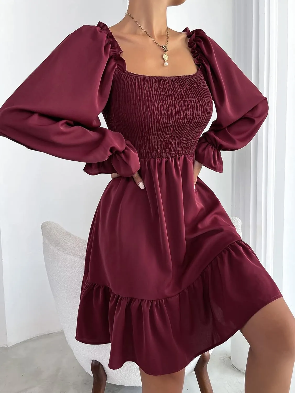 GORGLITTER Women's Long Sleeve Ruffle Mini Dress Square Neck Flowy A Line Smocked Dresses Khaki Large