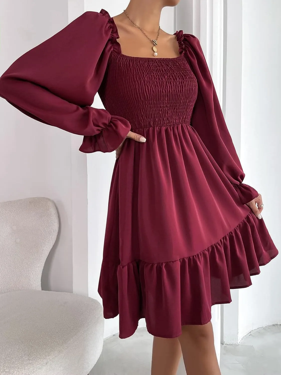 GORGLITTER Women's Long Sleeve Ruffle Mini Dress Square Neck Flowy A Line Smocked Dresses Khaki Large