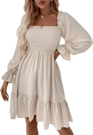 GORGLITTER Women's Long Sleeve Ruffle Mini Dress Square Neck Flowy A Line Smocked Dresses Khaki Large