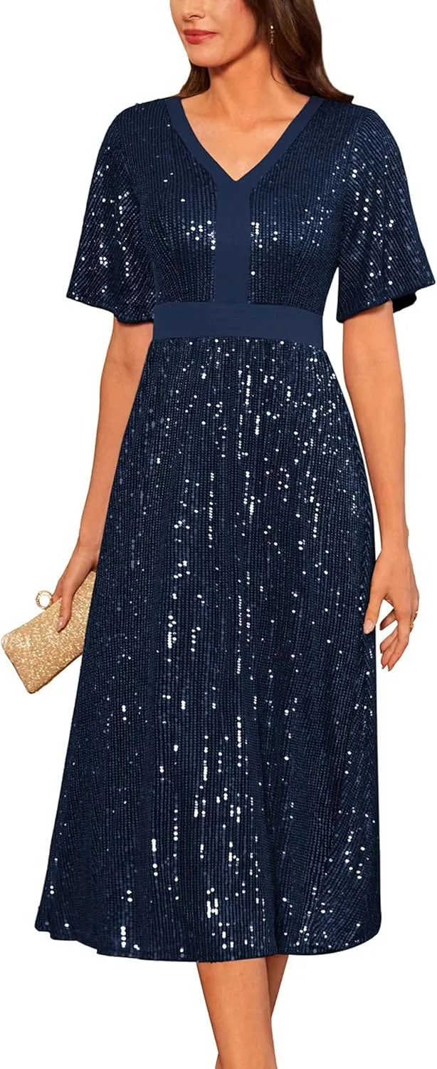 GRACE KARIN Women's Sequin V Neck Ruffle Sleeve Empire Waist Sparkly Glitter A Line Cocktail Formal Dresses