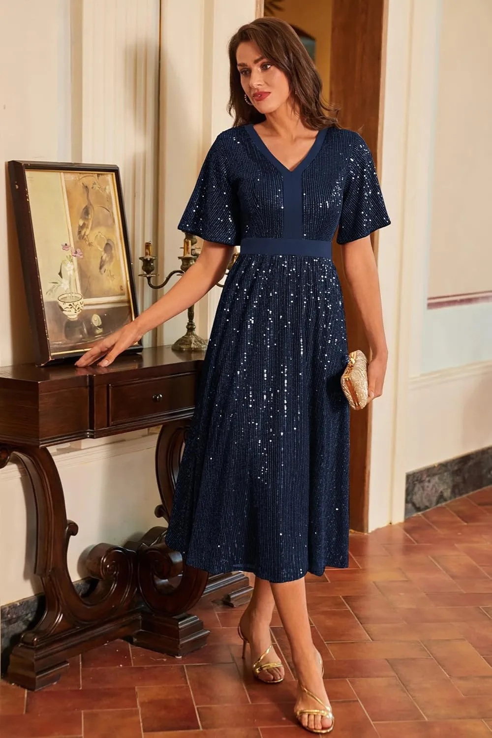 GRACE KARIN Women's Sequin V Neck Ruffle Sleeve Empire Waist Sparkly Glitter A Line Cocktail Formal Dresses