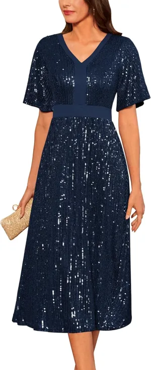GRACE KARIN Women's Sequin V Neck Ruffle Sleeve Empire Waist Sparkly Glitter A Line Cocktail Formal Dresses
