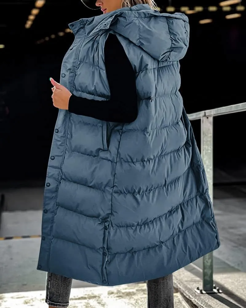 Grlasen Women's long Quilted Vest hooded sleeveless Button Down puff vest cotton padded jacket winter coat