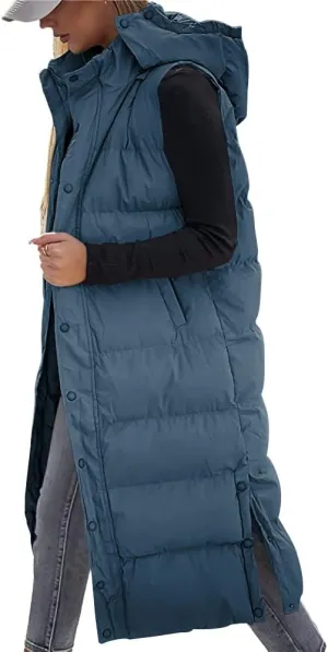 Grlasen Women's long Quilted Vest hooded sleeveless Button Down puff vest cotton padded jacket winter coat