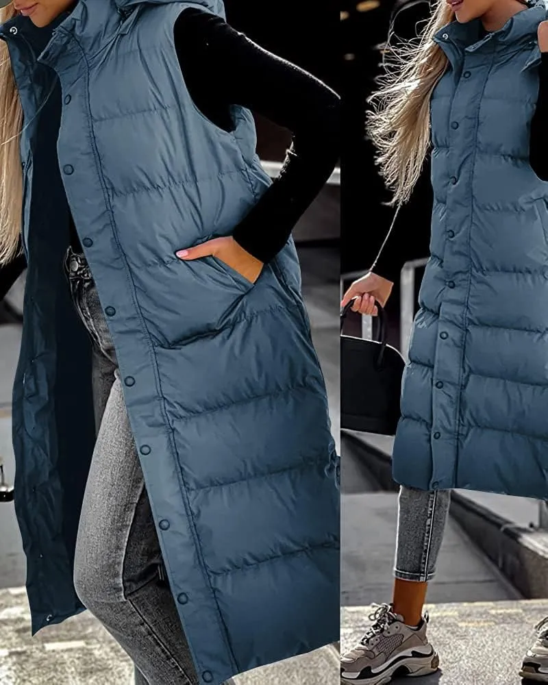Grlasen Women's long Quilted Vest hooded sleeveless Button Down puff vest cotton padded jacket winter coat