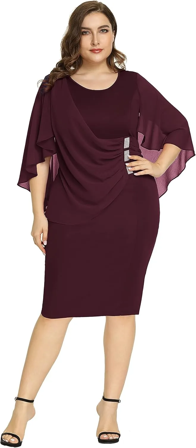 Hanna Nikole Women's Plus Size Chiffon Ruffle Flattering Cape Sleeve Bodycon Pencil Dress