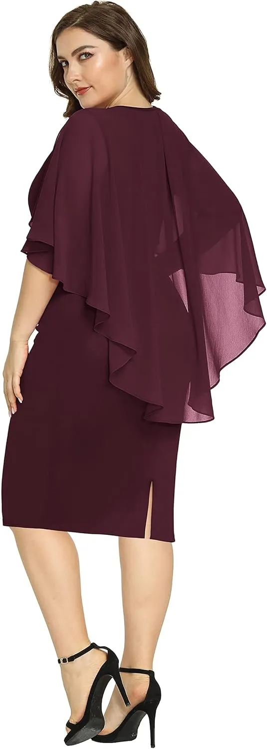 Hanna Nikole Women's Plus Size Chiffon Ruffle Flattering Cape Sleeve Bodycon Pencil Dress