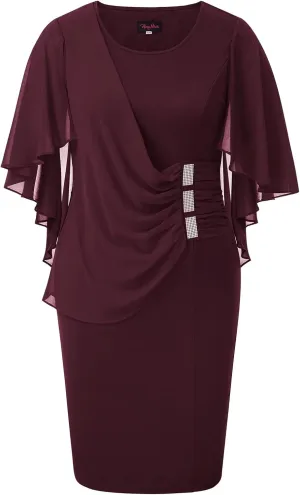 Hanna Nikole Women's Plus Size Chiffon Ruffle Flattering Cape Sleeve Bodycon Pencil Dress