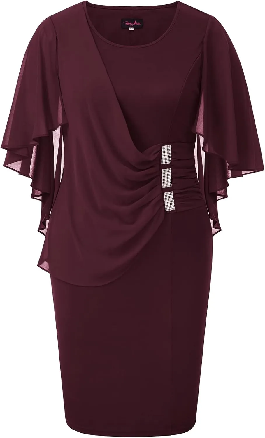 Hanna Nikole Women's Plus Size Chiffon Ruffle Flattering Cape Sleeve Bodycon Pencil Dress