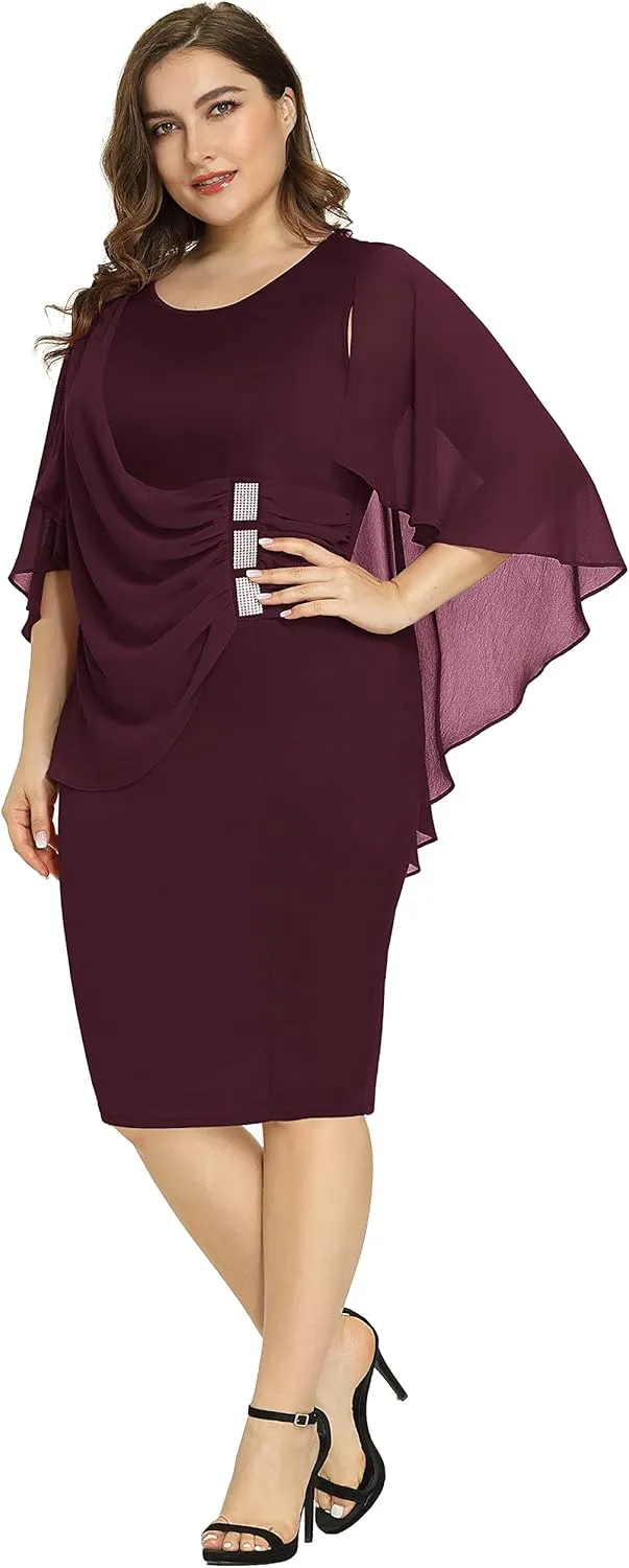 Hanna Nikole Women's Plus Size Chiffon Ruffle Flattering Cape Sleeve Bodycon Pencil Dress