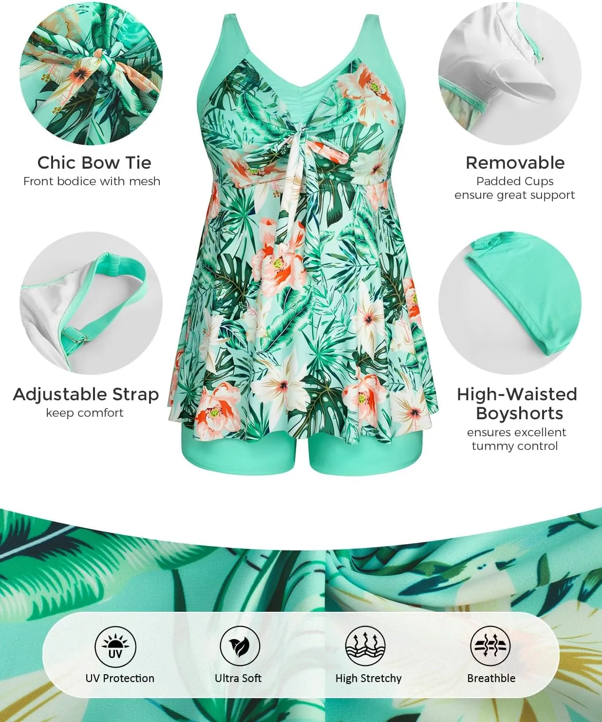 Hanna Nikole Womens Plus Size Tankini Swimsuit V Neck Tie Wrap Flowy Swim Tops with Boy Shorts Bathing Suit