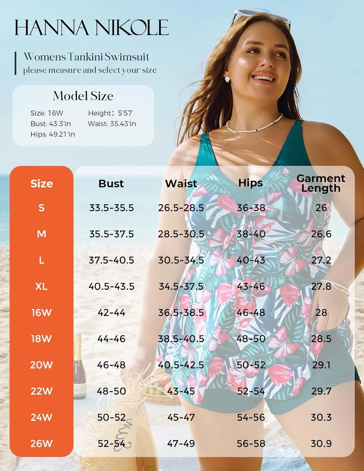 Hanna Nikole Womens Plus Size Tankini Swimsuit V Neck Tie Wrap Flowy Swim Tops with Boy Shorts Bathing Suit