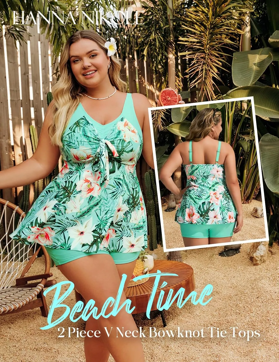 Hanna Nikole Womens Plus Size Tankini Swimsuit V Neck Tie Wrap Flowy Swim Tops with Boy Shorts Bathing Suit