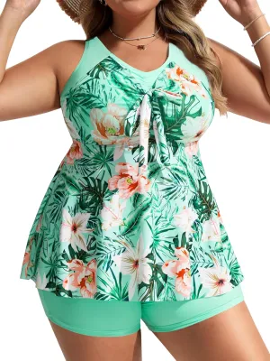 Hanna Nikole Womens Plus Size Tankini Swimsuit V Neck Tie Wrap Flowy Swim Tops with Boy Shorts Bathing Suit