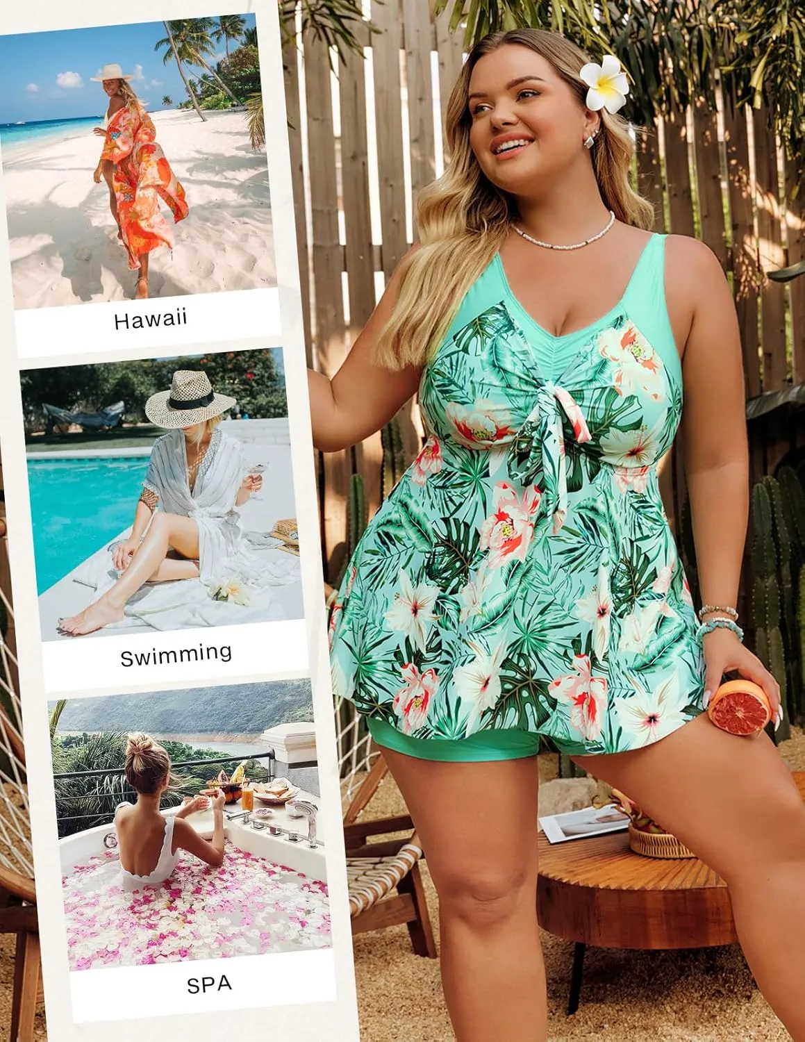 Hanna Nikole Womens Plus Size Tankini Swimsuit V Neck Tie Wrap Flowy Swim Tops with Boy Shorts Bathing Suit
