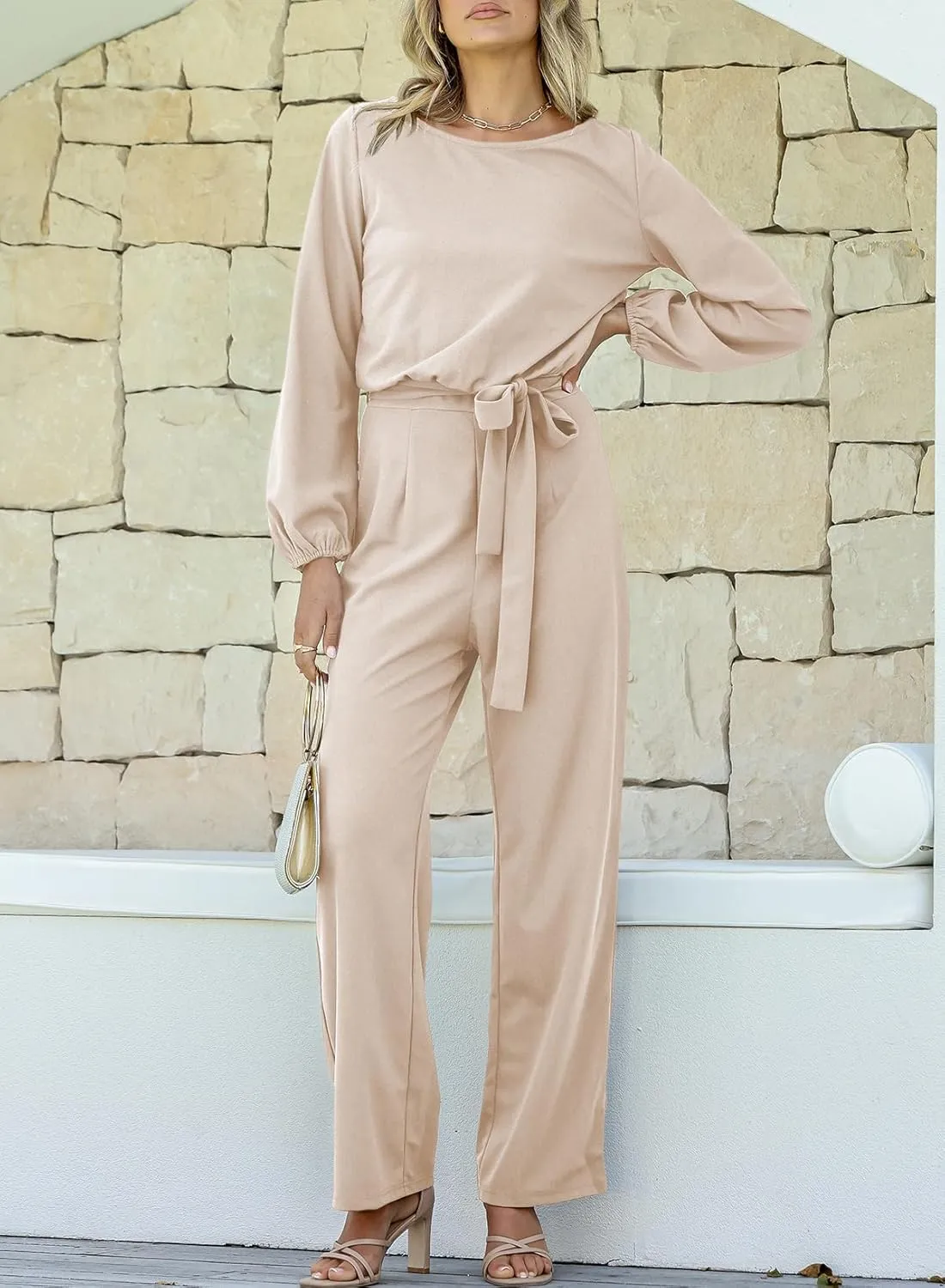 Happy Sailed Womens Dressy Jumpsuits Long Sleeve Belted Wide Leg Pant Romper Jumpsuit Wedding Guest Outfits