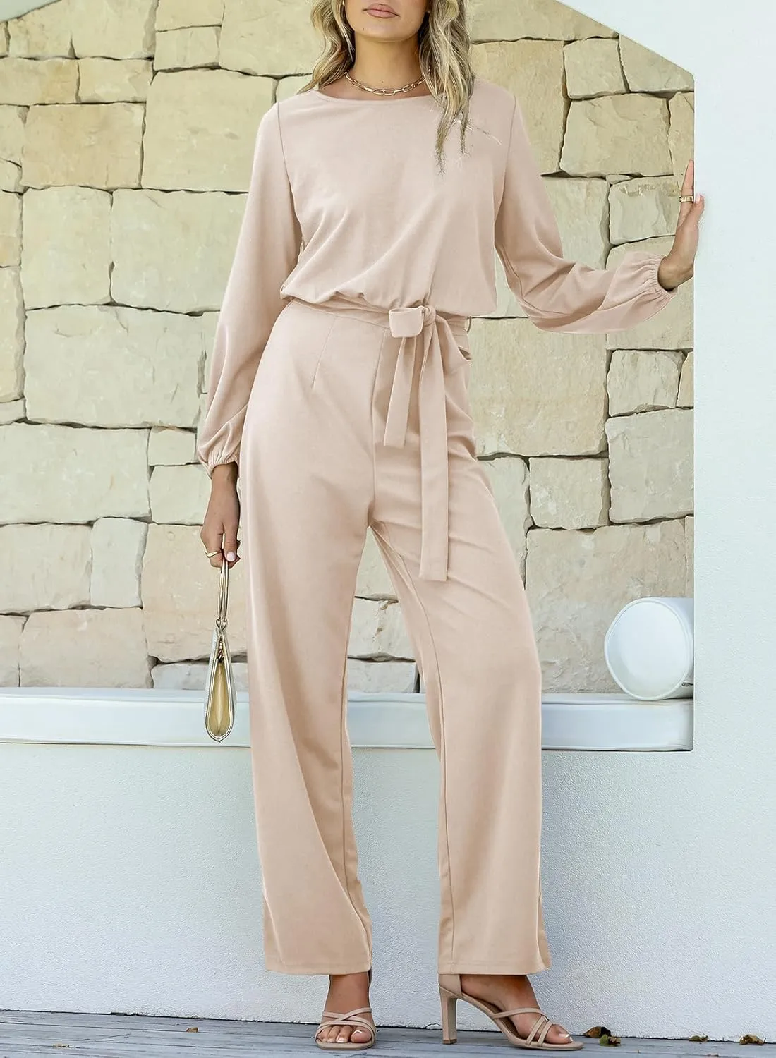 Happy Sailed Womens Dressy Jumpsuits Long Sleeve Belted Wide Leg Pant Romper Jumpsuit Wedding Guest Outfits