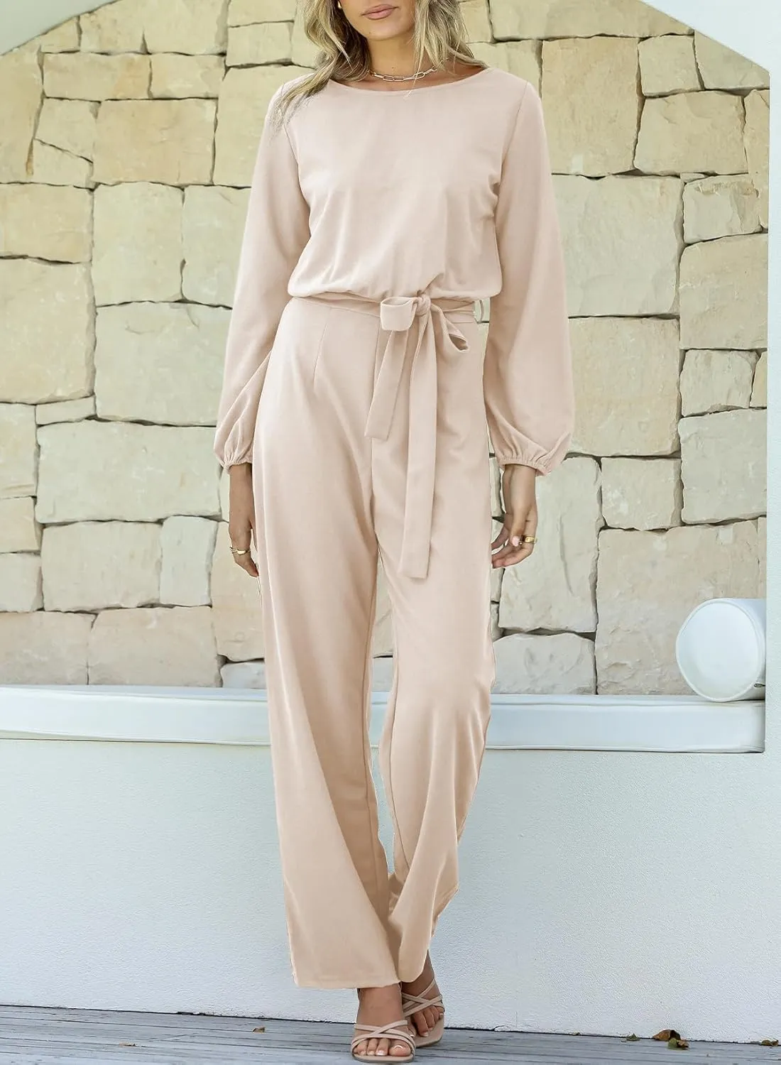 Happy Sailed Womens Dressy Jumpsuits Long Sleeve Belted Wide Leg Pant Romper Jumpsuit Wedding Guest Outfits