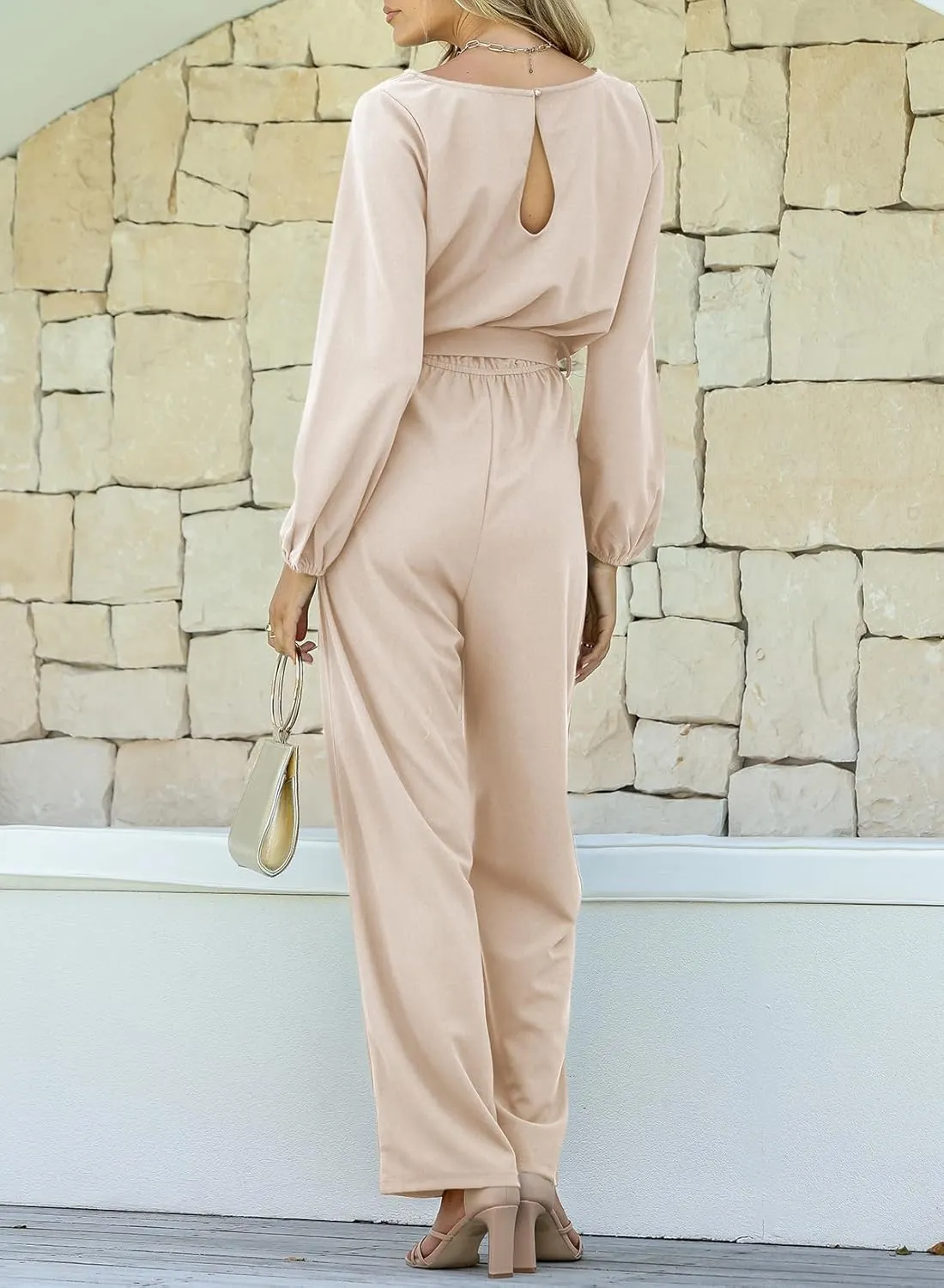 Happy Sailed Womens Dressy Jumpsuits Long Sleeve Belted Wide Leg Pant Romper Jumpsuit Wedding Guest Outfits