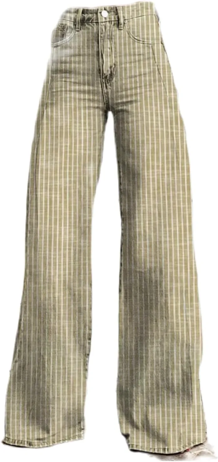 Hassembly Women Y2K Striped Jeans High Waist Button Wide Leg Casual Denim Pants Bootcut Flare Boyfriend Trousers with Pockets