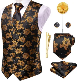 Hi-Tie Silk Mens Suit Vests and Tie Set Lapel Pin Gold Tie Clip Paisley Floral Casual Waistcoat Tuxedo Wedding Party Business