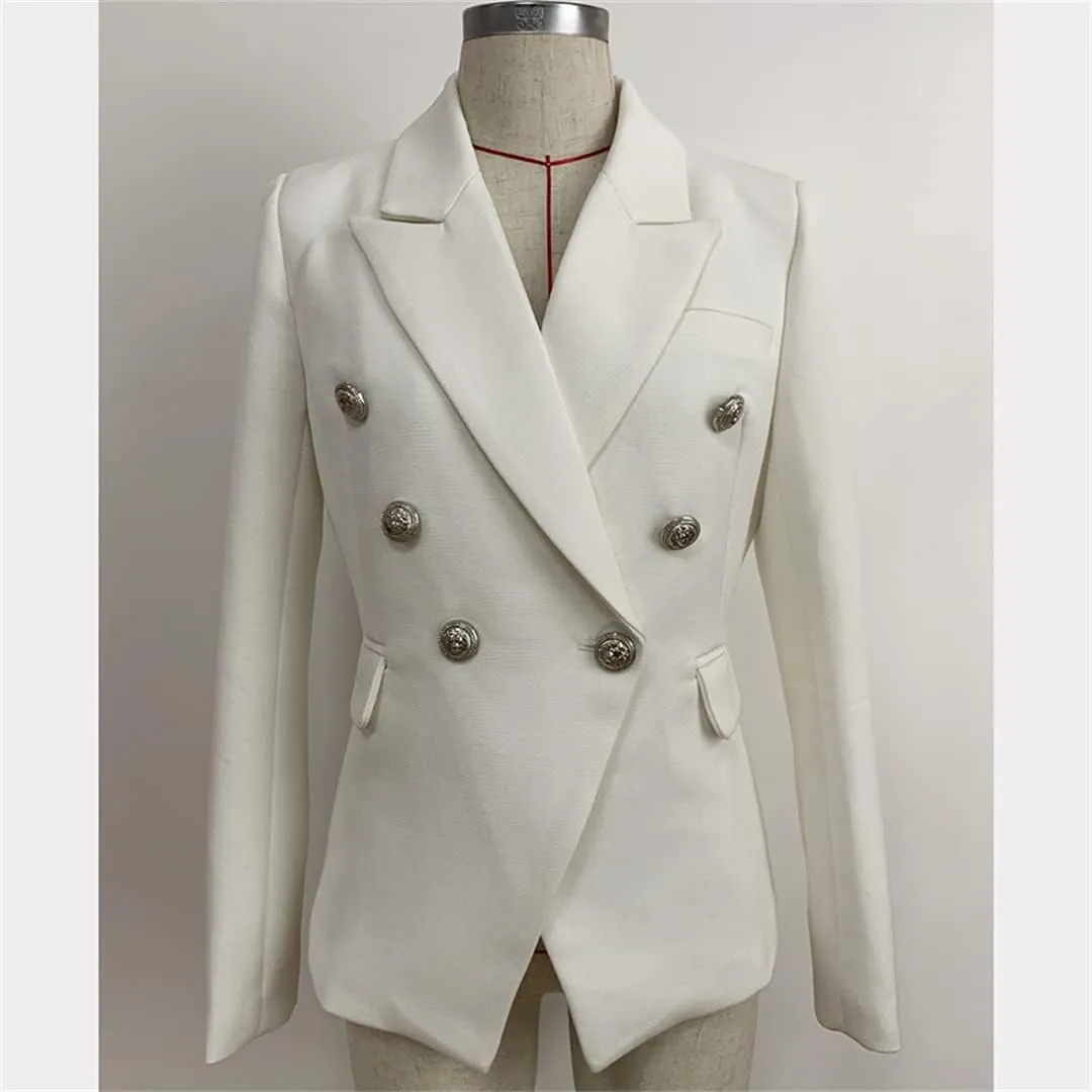 High Street Blazer Women's Double Breasted Metal Lion Silver Buttons Blazer Jacket