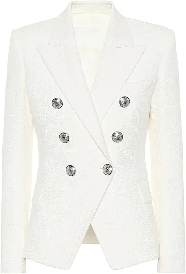 High Street Blazer Women's Double Breasted Metal Lion Silver Buttons Blazer Jacket