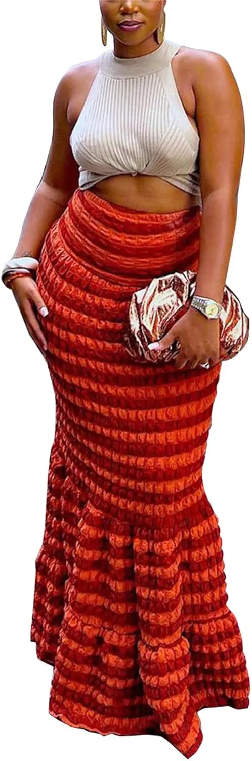 High Waist Long Skirts for Women Bodycon Popcorn Bubble Tiered Maxi Fishtail Party Skirt