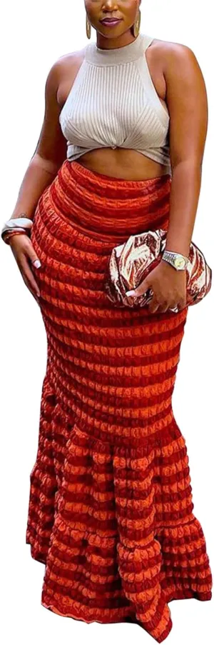 High Waist Long Skirts for Women Bodycon Popcorn Bubble Tiered Maxi Fishtail Party Skirt