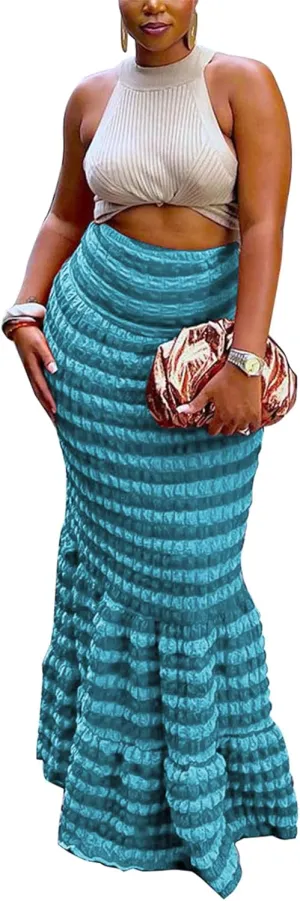 High Waist Long Skirts for Women Bodycon Popcorn Bubble Tiered Maxi Fishtail Party Skirt
