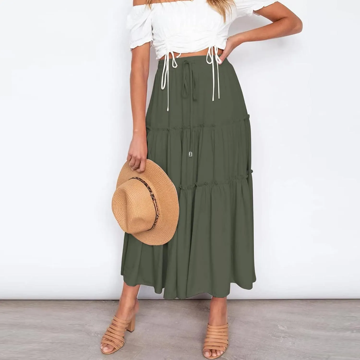 High Waisted Skirts for Women Bohemian Flowy A-Line Midi Length Casual Skirt Tiered Ruffles and Elastic Waistband
