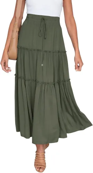 High Waisted Skirts for Women Bohemian Flowy A-Line Midi Length Casual Skirt Tiered Ruffles and Elastic Waistband