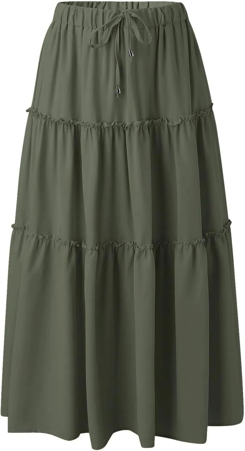 High Waisted Skirts for Women Bohemian Flowy A-Line Midi Length Casual Skirt Tiered Ruffles and Elastic Waistband