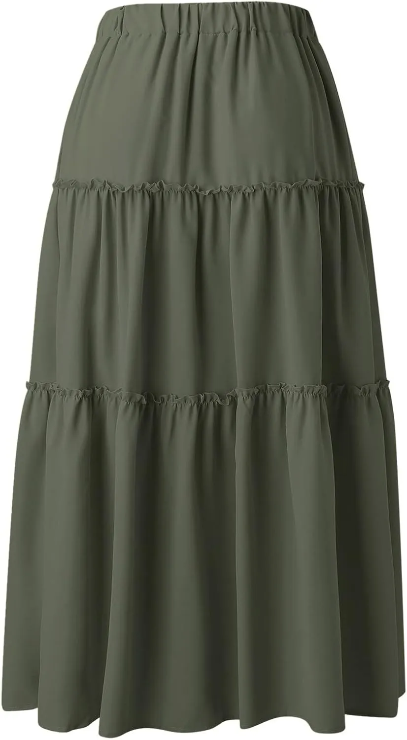 High Waisted Skirts for Women Bohemian Flowy A-Line Midi Length Casual Skirt Tiered Ruffles and Elastic Waistband