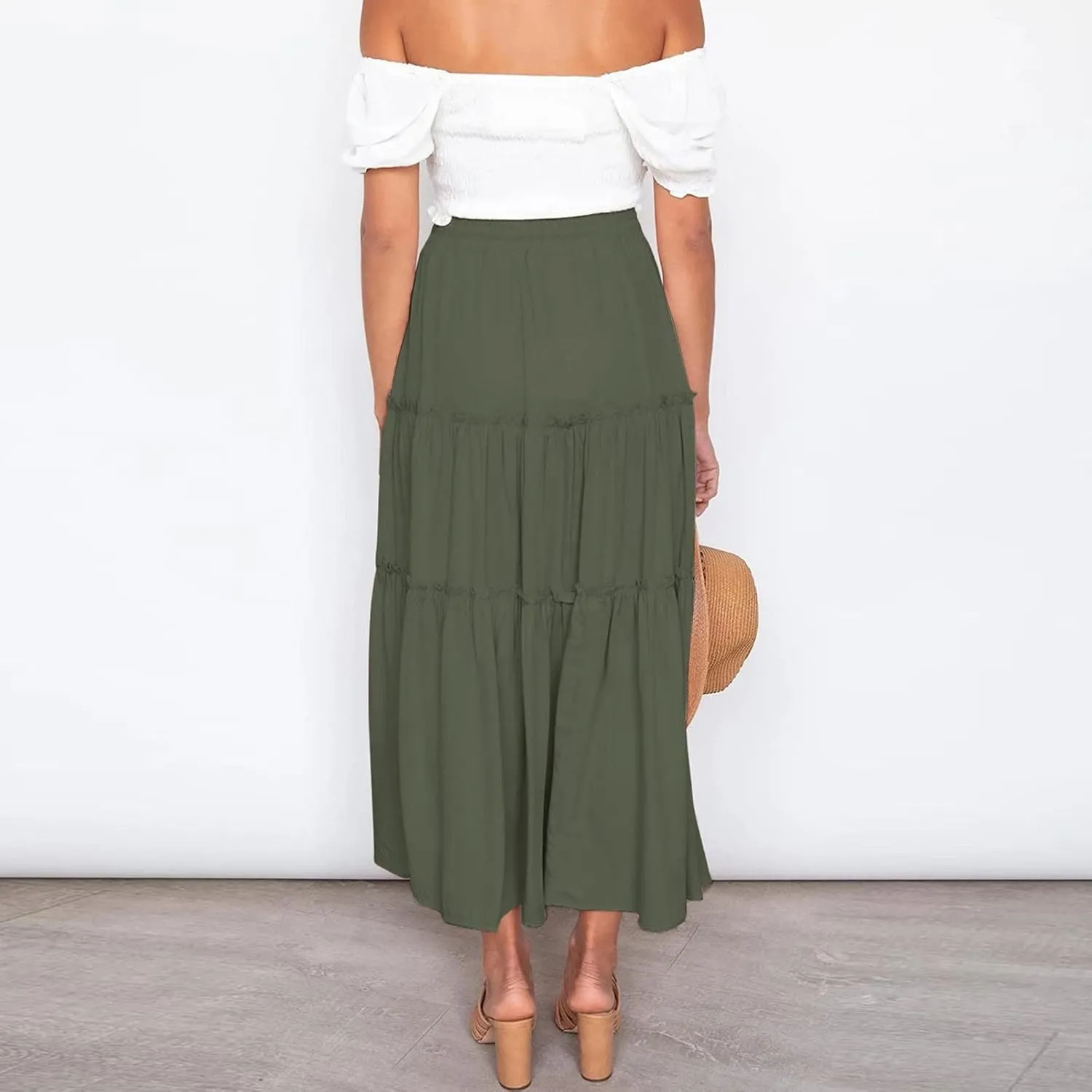 High Waisted Skirts for Women Bohemian Flowy A-Line Midi Length Casual Skirt Tiered Ruffles and Elastic Waistband
