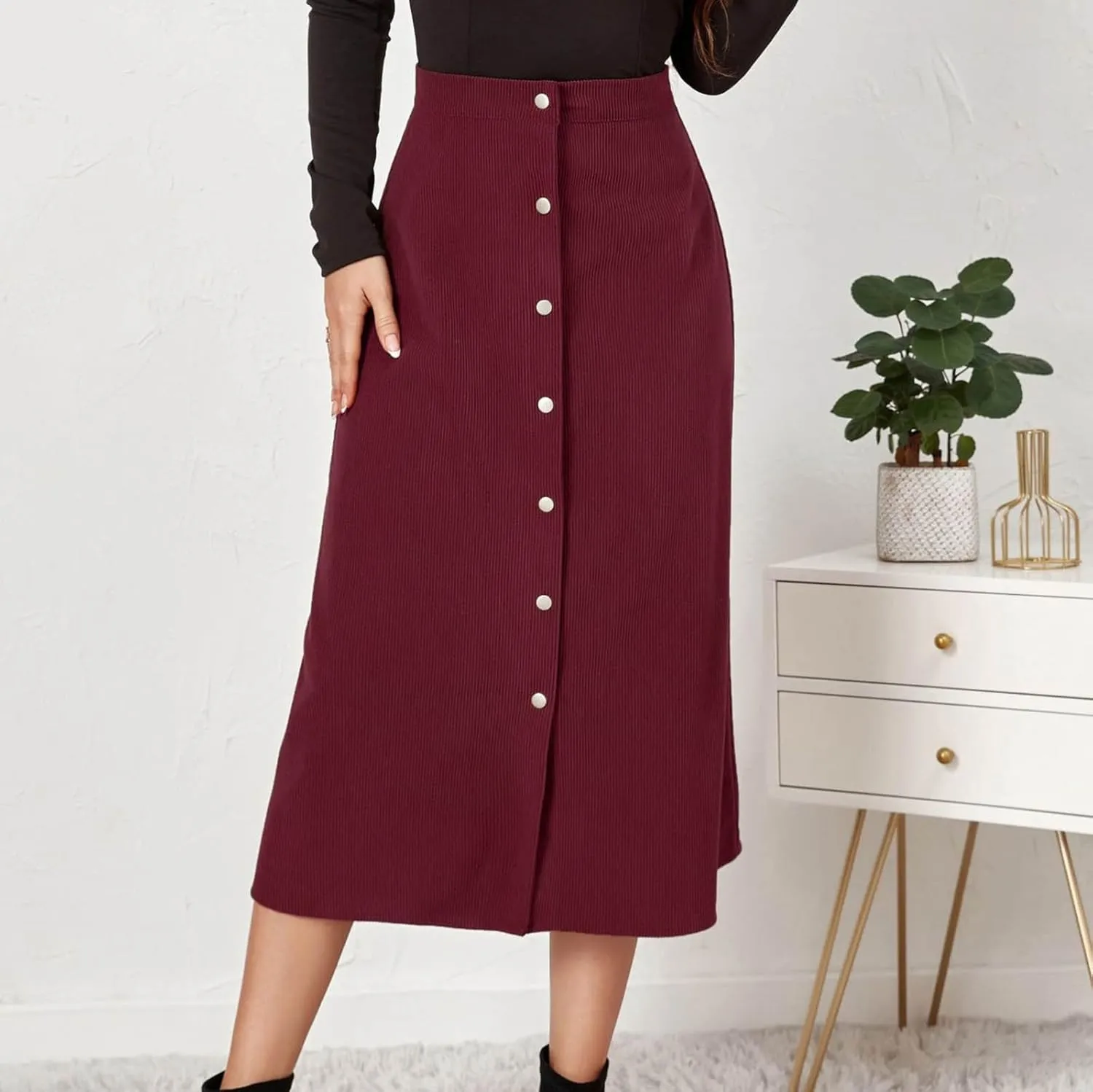 High Waisted Skirts for Women Elegant Cute Skirt Fashion Front Button A Line Skirt Solid Color Slim-Fit Skirts
