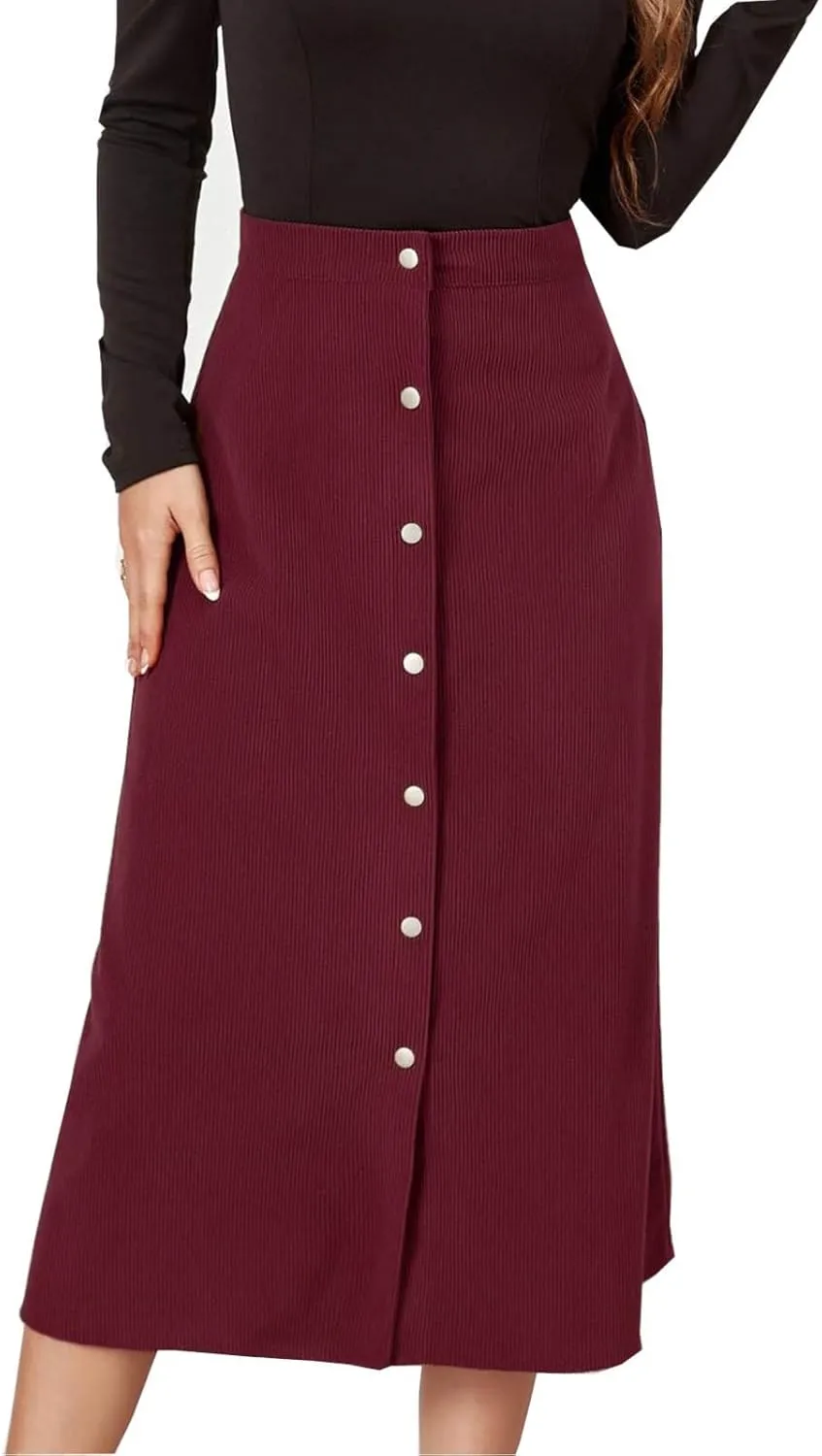 High Waisted Skirts for Women Elegant Cute Skirt Fashion Front Button A Line Skirt Solid Color Slim-Fit Skirts