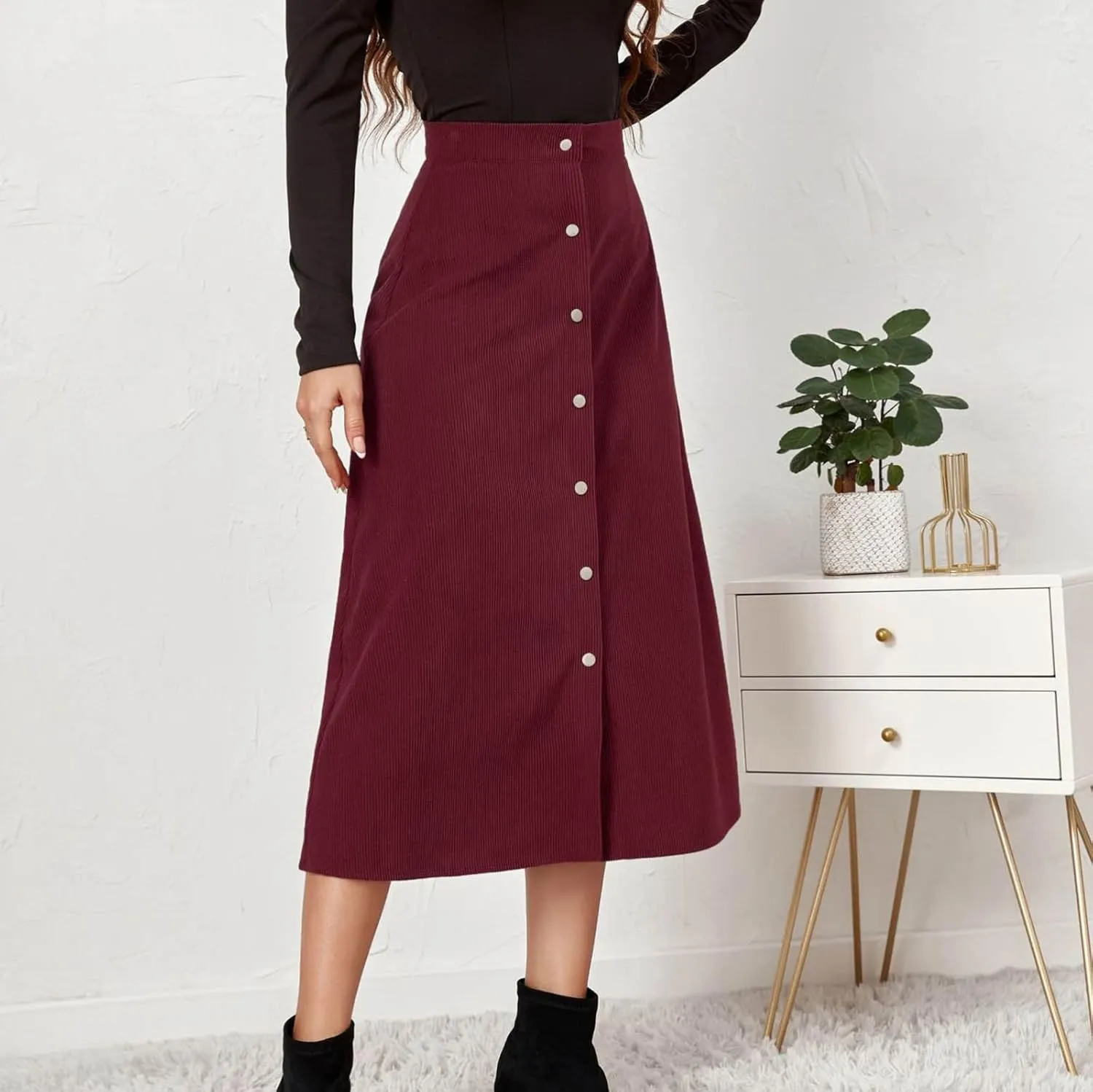 High Waisted Skirts for Women Elegant Cute Skirt Fashion Front Button A Line Skirt Solid Color Slim-Fit Skirts