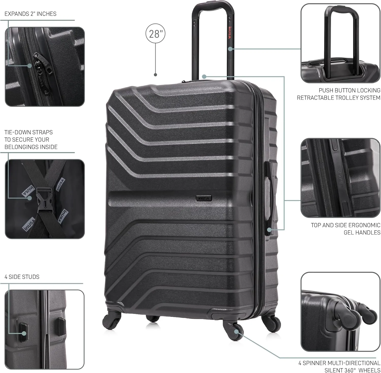 InUSA AURUM Hardside Luggage with Spinner Wheels | 28 in Durable Lightweight Large Checked Suitcase for Travel | Zipper Clouser Suit Case with Gel Handles and Trolley | Black