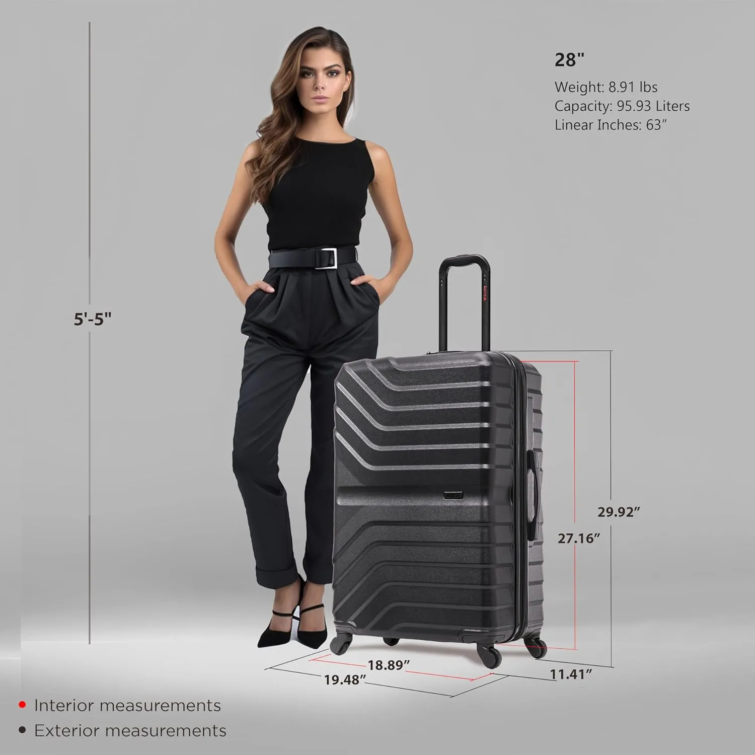 InUSA AURUM Hardside Luggage with Spinner Wheels | 28 in Durable Lightweight Large Checked Suitcase for Travel | Zipper Clouser Suit Case with Gel Handles and Trolley | Black