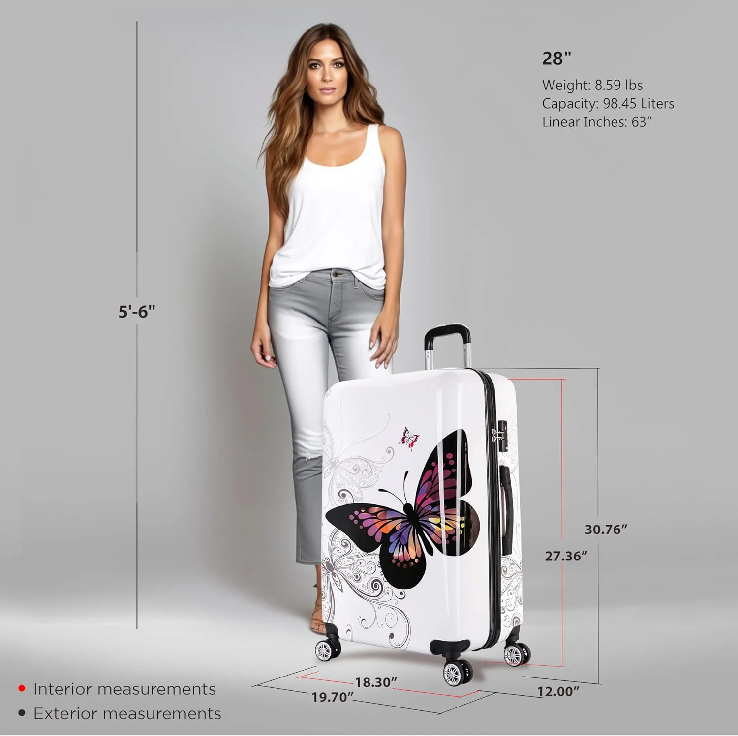 InUSA Butterfly Print Luggage with Spinner Wheels | Durable Lightweight Hardside Suitcase | Travel Bag with Handle and Trolley | 28-Inch Large Checked luggage