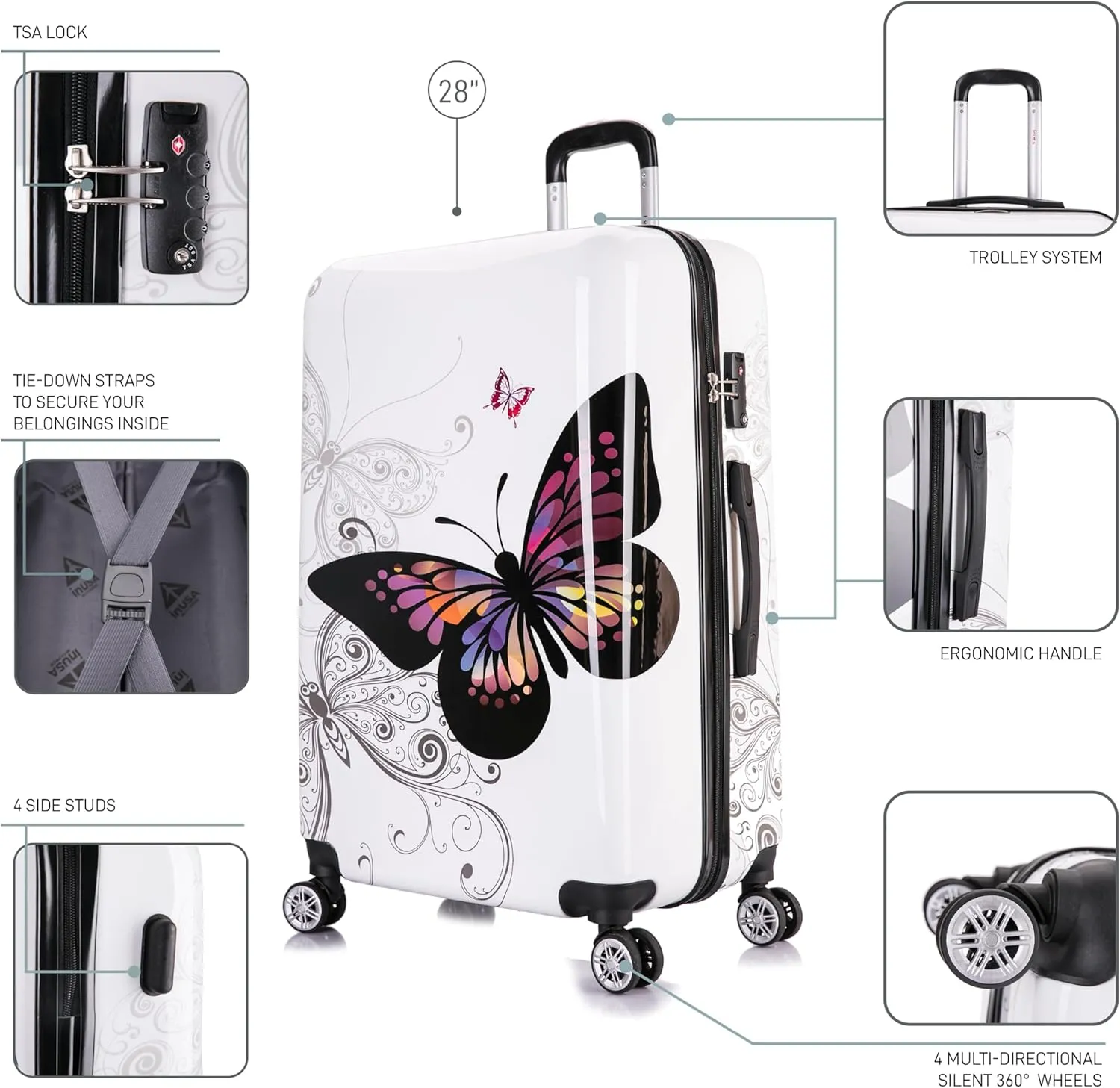 InUSA Butterfly Print Luggage with Spinner Wheels | Durable Lightweight Hardside Suitcase | Travel Bag with Handle and Trolley | 28-Inch Large Checked luggage